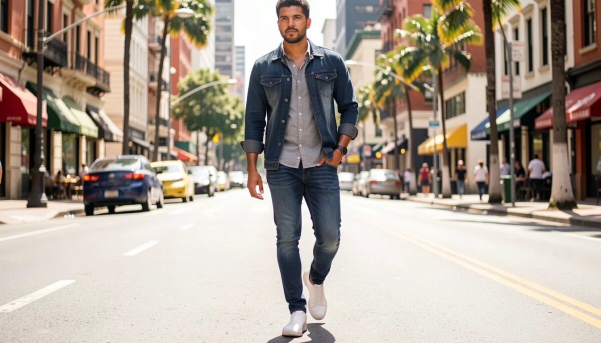 Homem moderno usando calça jeans estilosa em rua urbana ensolarada