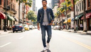 Calças Masculinas 2026: Conforto, Tecnologia e Estilo para o Trabalhador Moderno Homem moderno usando calça jeans estilosa em rua urbana ensolarada