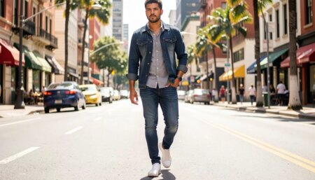 Homem moderno usando calça jeans estilosa em rua urbana ensolarada