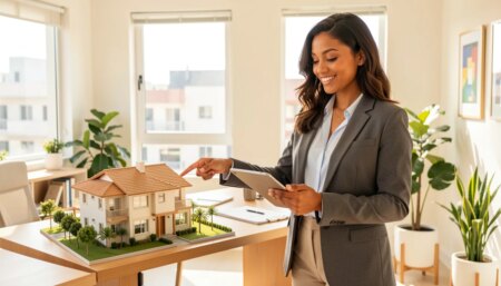 Mulher confiante em escritório imobiliário moderno segurando tablet e apontando para documento