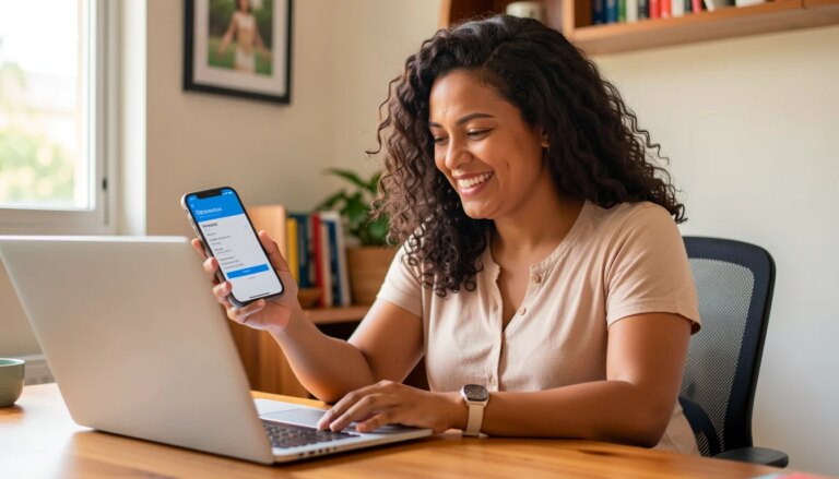 Mulher aliviada consultando nota fiscal no laptop e celular em casa