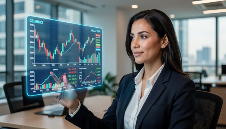 O impacto da Inteligência Artificial no valuation das empresas Empresária analisa gráficos de IA em holograma no escritório moderno