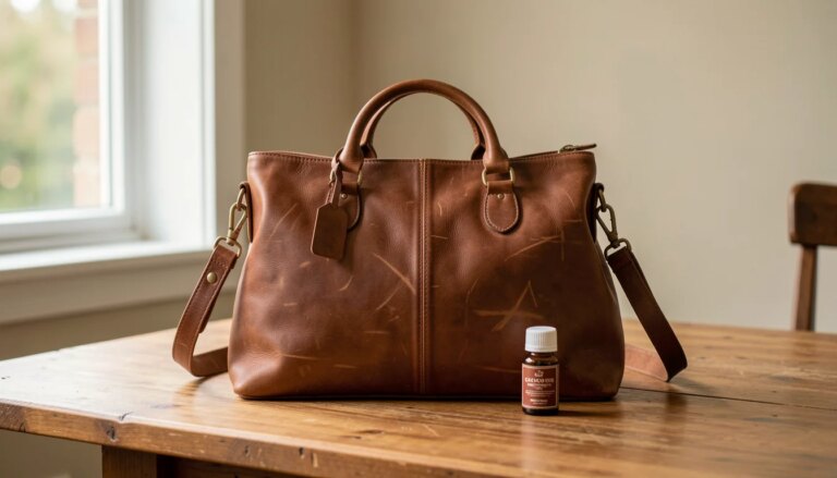 Couro legítimo: dicas práticas para conservar sua bolsa por anos Bolsa de couro legítimo marrom sobre mesa de madeira com produto de hidratação ao lado.