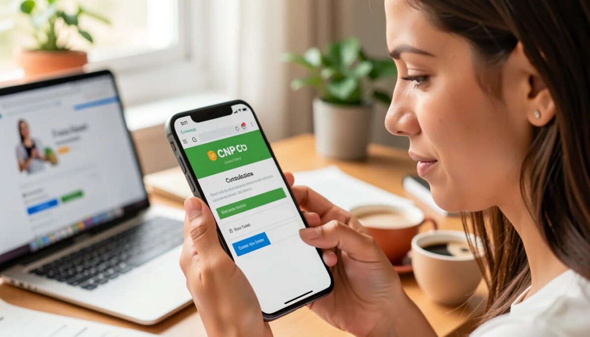 Como pesquisar dados de uma empresa e comprar online sem medo de golpe Mulher segurando celular com consulta de CNPJ na tela, expressão de alívio.