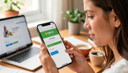 Como pesquisar dados de uma empresa e comprar online sem medo de golpe Mulher segurando celular com consulta de CNPJ na tela, expressão de alívio.