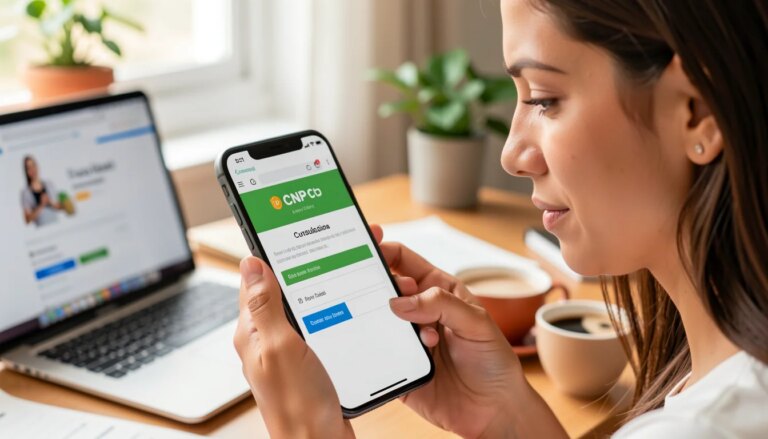Como pesquisar dados de uma empresa e comprar online sem medo de golpe Mulher segurando celular com consulta de CNPJ na tela, expressão de alívio.