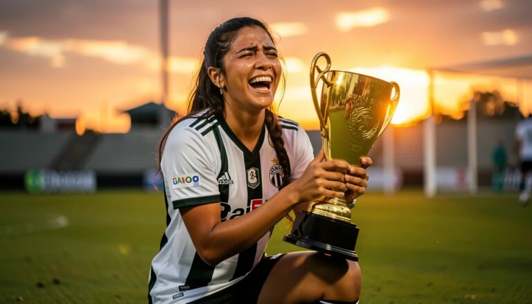 Quantos Títulos o Santos Tem? Torcedora do Santos FC emocionada segurando troféu em campo de futebol ao pôr do sol.