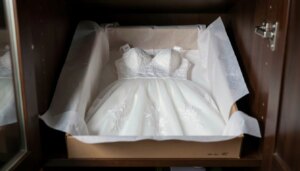 Vestido de noiva guardado em caixa livre de ácido com papel neutro.