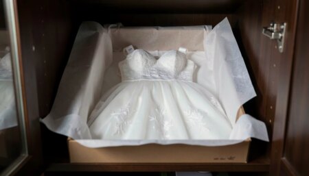 Vestido de noiva guardado em caixa livre de ácido com papel neutro.