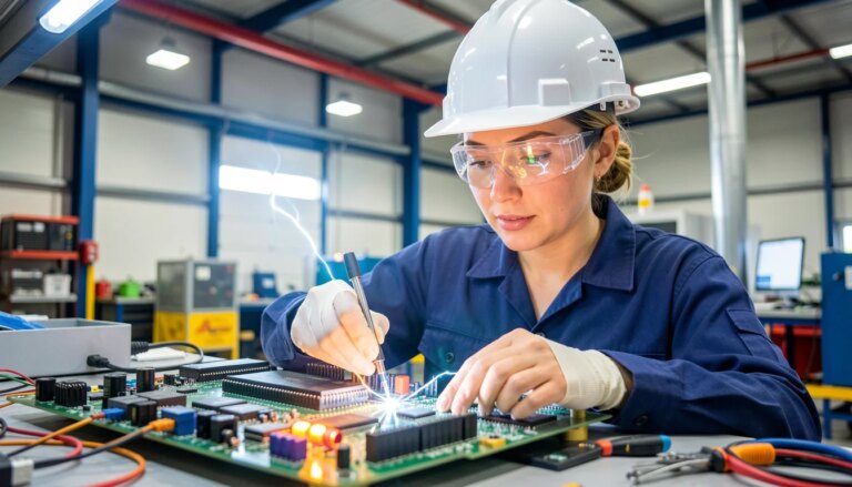 Tecnologia e gestão de pessoas: como áreas diferentes sustentam o crescimento das empresas Técnica em eletrônica consertando placa de circuito em indústria moderna