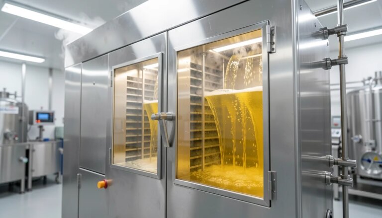 Tecnologia térmica preserva a qualidade de bebidas sensíveis em escala industrial Pasteurizador industrial de aço inoxidável com água de coco fluindo