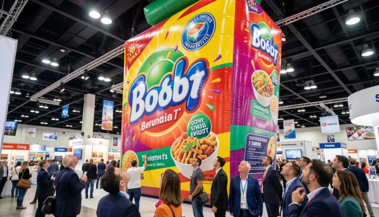 Comunicação tridimensional: como transformar marcas e produtos em atrações de grande escala Inflável gigante de embalagem de produto em feira