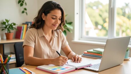 O que a gestão de operações ensina sobre organizar a própria rotina Mulher organizada em home office com planner e laptop, sorrindo levemente