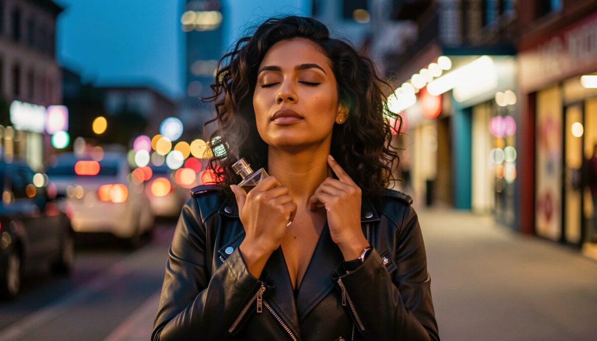 Perfumes intensos voltam ao radar da beleza como expressão de personalidade Mulher confiante segurando perfume intenso perto do pescoço, estilo urbano.