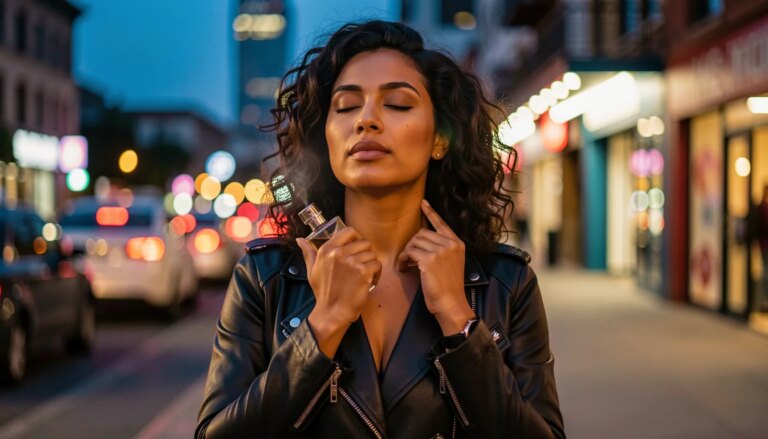 Perfumes intensos voltam ao radar da beleza como expressão de personalidade Mulher confiante segurando perfume intenso perto do pescoço, estilo urbano.