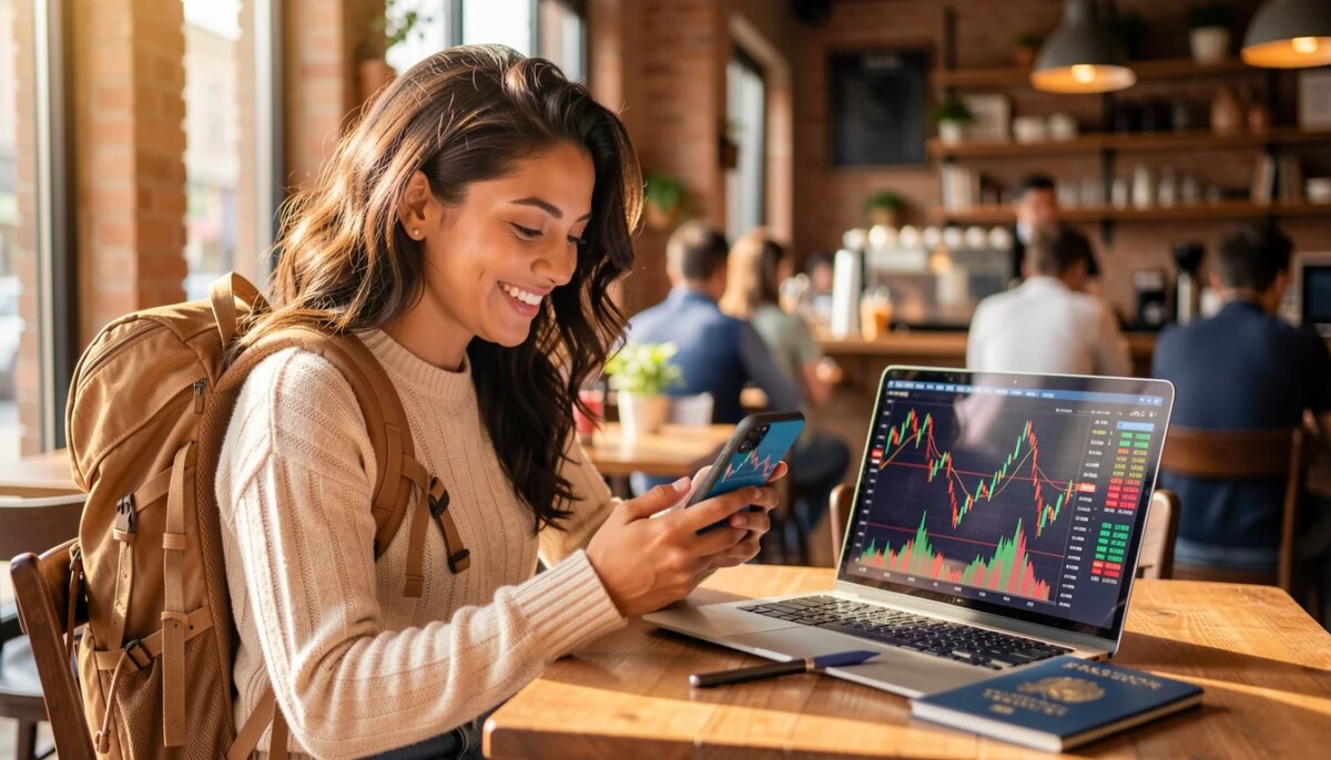 Aplicativos de Trading de Forex Para Usar Enquanto Você Viaja Mulher sorridente em café usando aplicativo de trading no celular durante viagem
