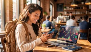 Mulher sorridente em café usando aplicativo de trading no celular durante viagem