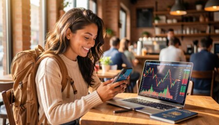 Mulher sorridente em café usando aplicativo de trading no celular durante viagem
