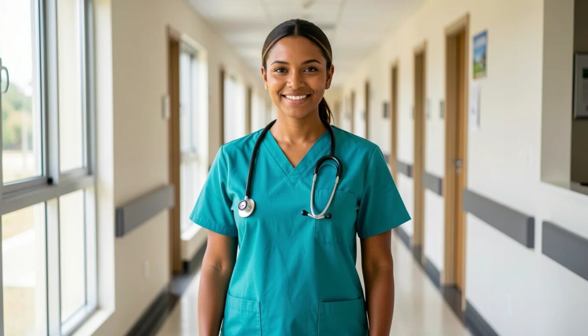 Médica sorridente usando scrub feminino moderno em cor teal em corredor de hospital.