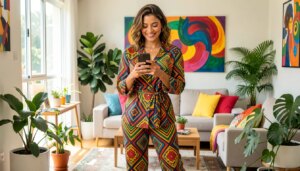 Estilo além do look: o passo a passo para uma identidade visual forte nas redes sociais Mulher estilosa com smartphone em sala moderna e colorida