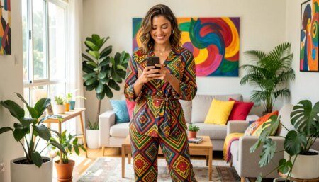 Estilo além do look: o passo a passo para uma identidade visual forte nas redes sociais Mulher estilosa com smartphone em sala moderna e colorida