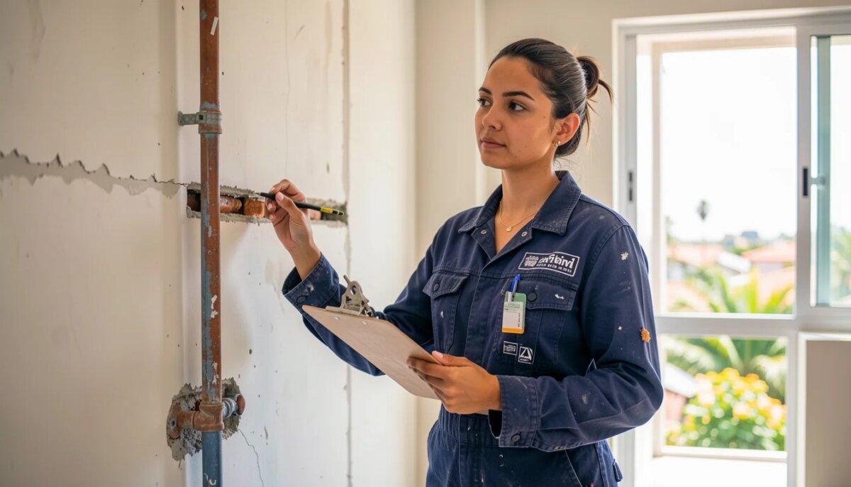 Renovação de imóvel sem retrabalho: o que resolver antes de pensar no acabamento Mulher inspecionando encanamento exposto durante reforma de imóvel