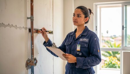 Renovação de imóvel sem retrabalho: o que resolver antes de pensar no acabamento Mulher inspecionando encanamento exposto durante reforma de imóvel