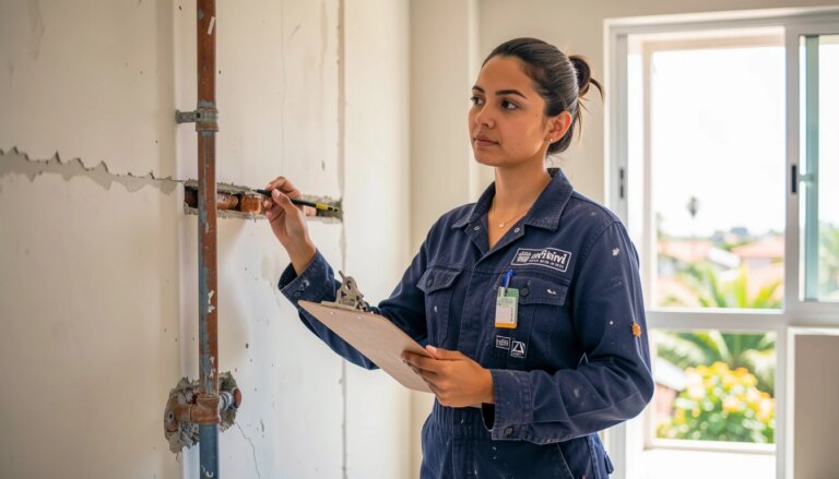 Renovação de imóvel sem retrabalho: o que resolver antes de pensar no acabamento Mulher inspecionando encanamento exposto durante reforma de imóvel
