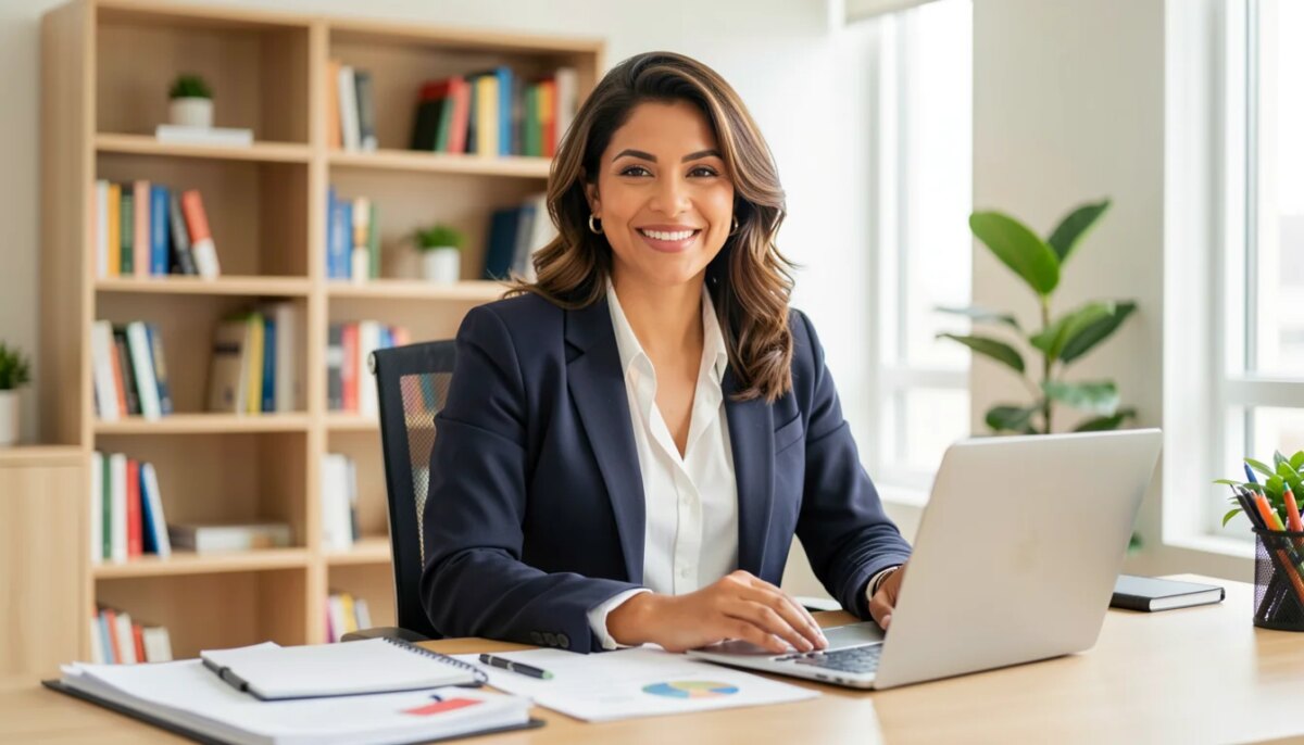 Mulher profissional sorridente em escritório moderno com documentos e laptop