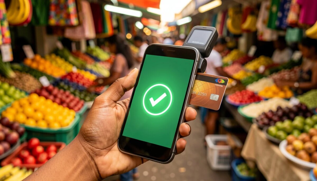 Transforme seu Celular em uma Maquininha de Cartão Mulher usando celular como maquininha de cartão em mercado colorido