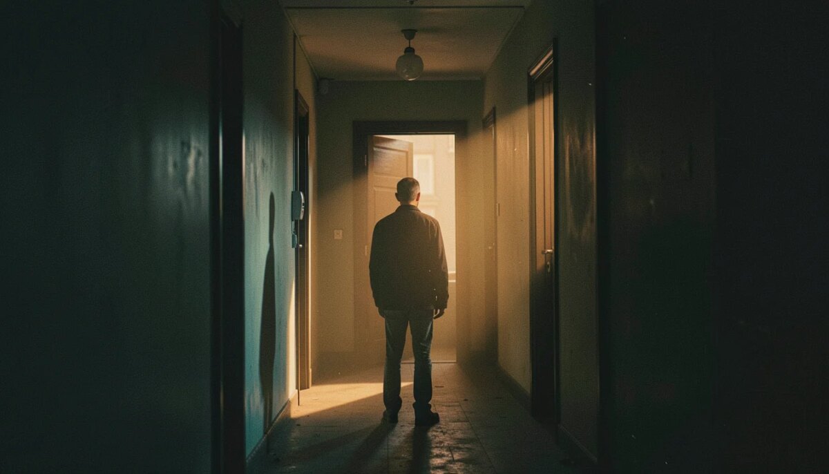 Direção de Fotografia e Poesia Visual: quando a luz e a cor constroem a emoção no cinema Cena de filme com luz dramática e sombras profundas em corredor escuro