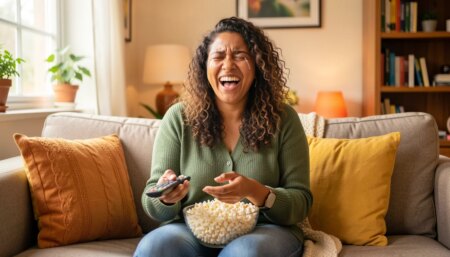 10 Filmes para Rir e Chorar: Dramédias que Equilibram Riso e Lágrima Mulher rindo e chorando no sofá assistindo filme, com pipoca e controle remoto