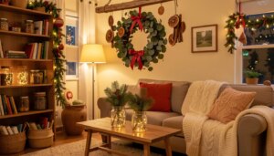 Sala de estar decorada com enfeites de Natal caseiros e luzes aconchegantes