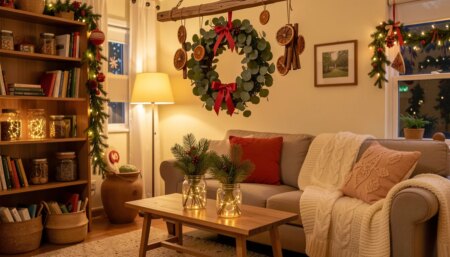 Sala de estar decorada com enfeites de Natal caseiros e luzes aconchegantes
