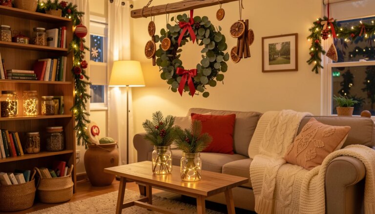 Decoração de Natal Feita em Casa: 15 Inspirações Mágicas Sala de estar decorada com enfeites de Natal caseiros e luzes aconchegantes