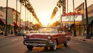 Era uma Vez em… Hollywood: nostalgia, história real e onde assistir Rua de Los Angeles em 1969 com carro clássico e letreiro de cinema iluminado ao pôr do sol.