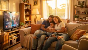 Família brasileira assistindo filme junta no sofá, promovendo empatia e conexão.