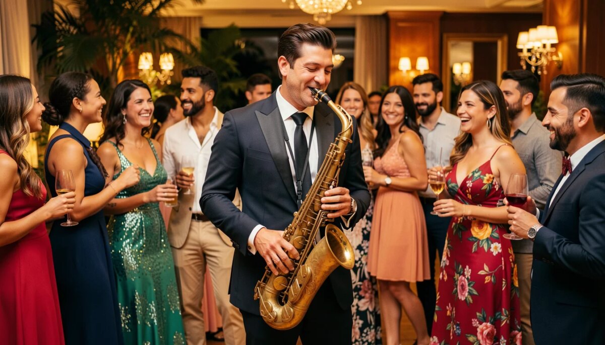 Atrações Performáticas que Estão Mudando as Festas Modernas Saxofonista se apresenta entre convidados em festa moderna e elegante