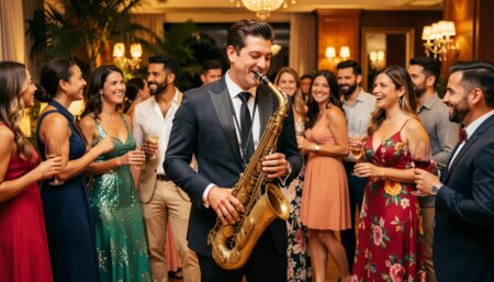 Atrações Performáticas que Estão Mudando as Festas Modernas Saxofonista se apresenta entre convidados em festa moderna e elegante
