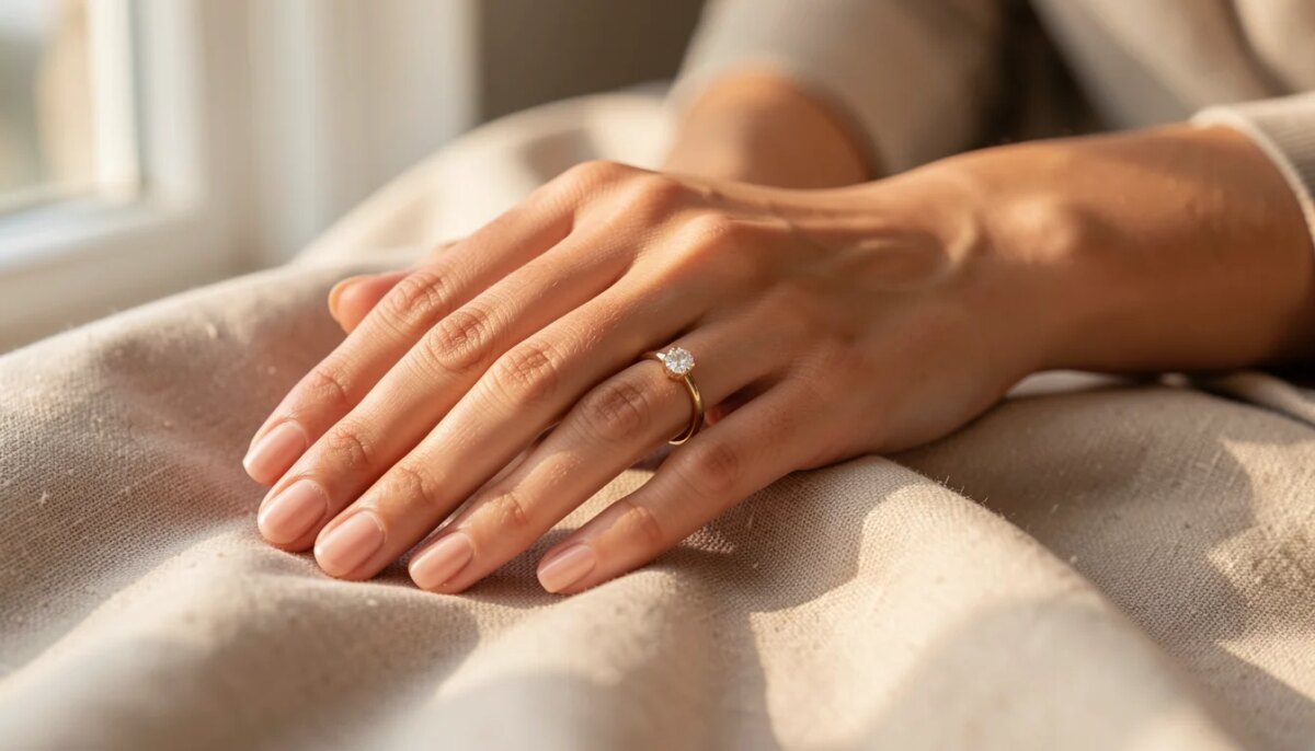 Joias para a vida toda: por que o design atemporal e as pedras naturais ganham espaço no consumo consciente Mão feminina com anel de ouro 18k e diamante natural, luz suave, fundo neutro