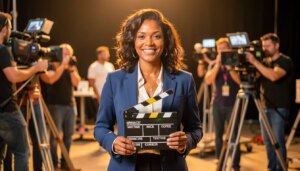 Mulheres na direção do cinema brasileiro: por que só 17% dos filmes Diretora de cinema brasileira segurando claquete em set de filmagem, representando mulheres na direção