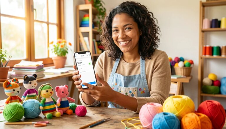 IA pode ajudar a precificar e vender seu artesanato? Sim, e o cálculo muda tudo Artesã usando IA no celular para precificar amigurumi em ateliê colorido