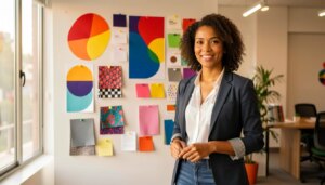 10 agências de branding para empresas que querem fortalecer suas marcas Diretora de criação em agência de branding com pain de inspiração colorido