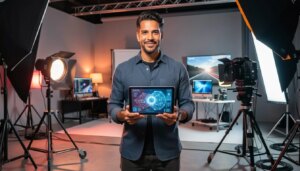 IA no cinema: o que muda no set, no orçamento e na tela em 2026 Diretora de cinema em set moderno com interface de IA, representando a transição global do audiovisual em 2026.