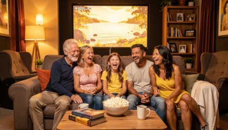 Família unida assistindo filme em casa, luz aconchegante e pipoca