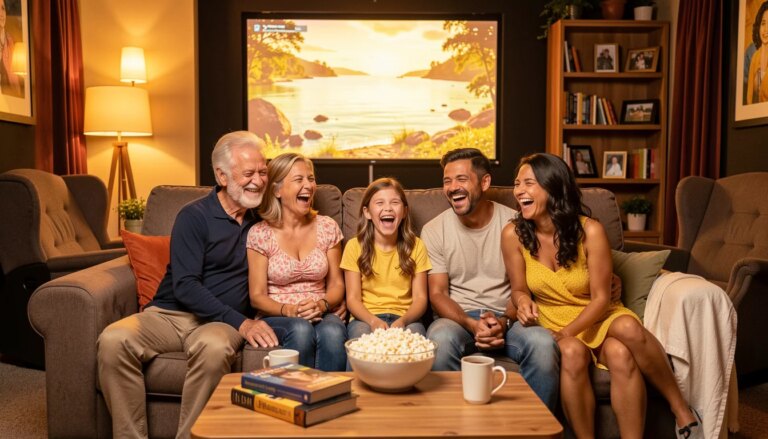 Guia de cinema: Os melhores filmes em cartaz para assistir com a família este final de semana Família unida assistindo filme em casa, luz aconchegante e pipoca