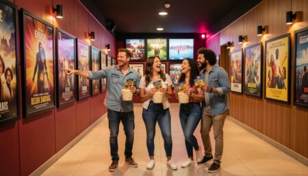 Amigos escolhendo filme no cinema com pipoca e ingressos