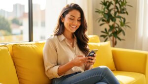 Conta digital: simples, segura e na palma da mão Mulher sorrindo usando conta digital no celular em casa
