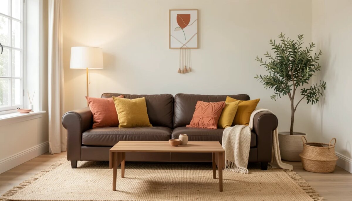 Decoração de sala com sofá marrom escuro: como deixar o ambiente claro Sala clara com sofá marrom escuro, paredes off-white, tapete de sisal e almofadas terracota e mostarda