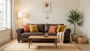 Decoração de sala com sofá marrom escuro: como deixar o ambiente claro Sala clara com sofá marrom escuro, paredes off-white, tapete de sisal e almofadas terracota e mostarda